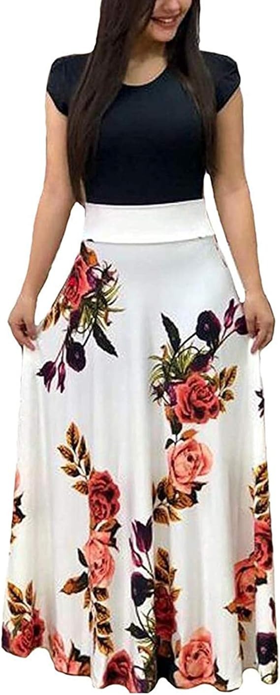 JENJON Women Dress Summer Maxi Short Sleeve Casual Round Neck Plus Size Floral Printed Long Dress Black Polka Dot-Long Sleeve S : Amazon.com.au: Clothing, Shoes &amp; Accessories
