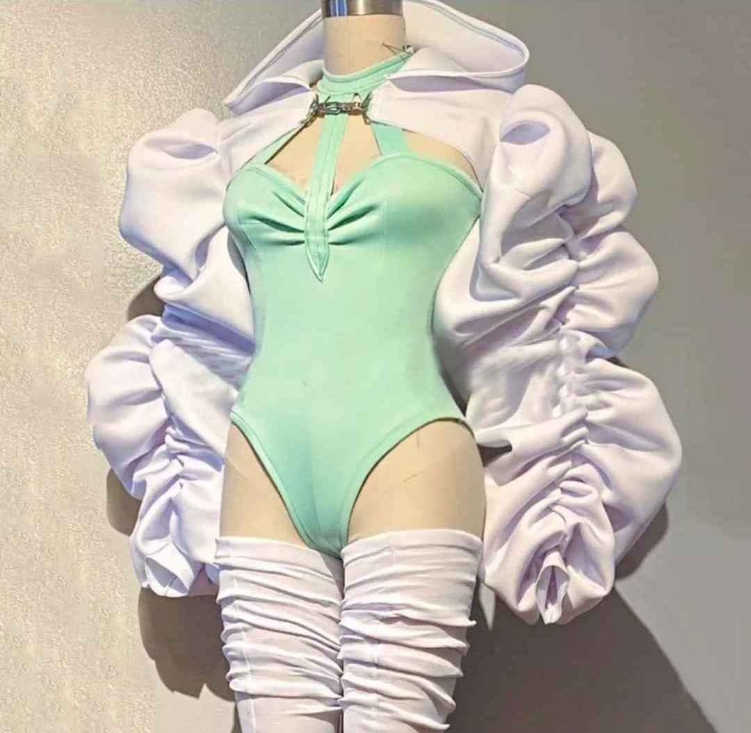 Jazz Dance Clothing Puff Sleeves Hoodie Sexy Mint Green Bodysuit Nightclub Bar Dj Ds Gogo Costume Pole Dance Outfit XS5089