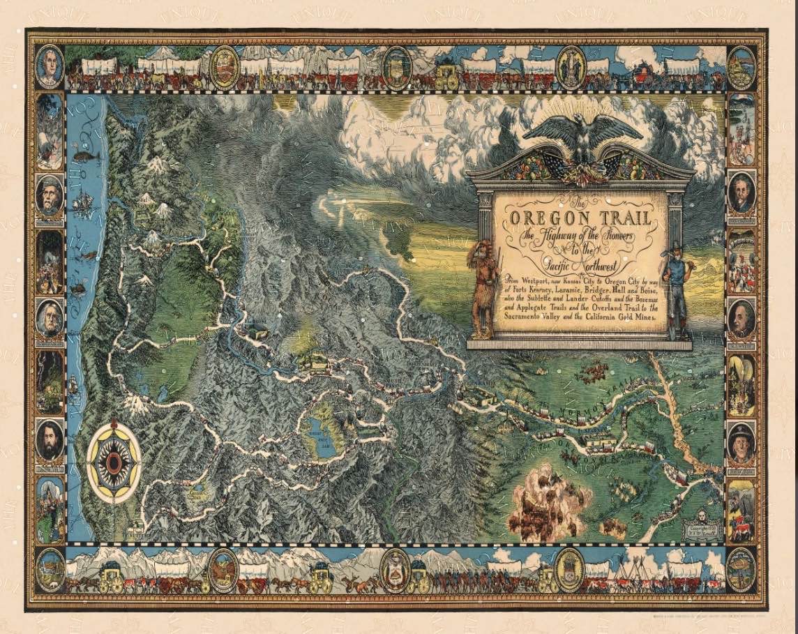 Old Map of the Oregon Trail by William Forsyth McIlwraith, 1932: Mormon Trail, Westport, Whitman Mission, Ft. Vancouver