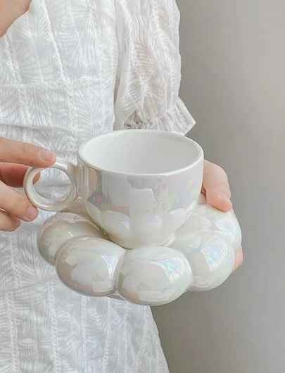 2pcs Solid Color Mug & Flower Design Saucer, Modern Porcelain Mug Set For Home, Office