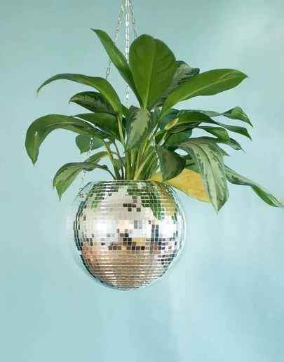 1pc Silver Plastic Hanging Plant Pot, Metallic Disco Plant Hanging Basket For Home Decor