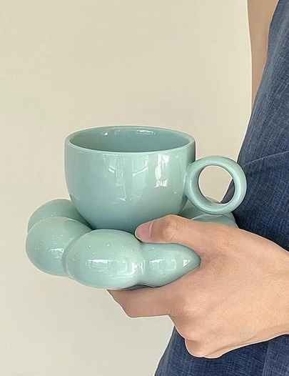 2pcs Solid Color Mug & Flower Design Saucer, Modern Porcelain Mug Set For Home, Office