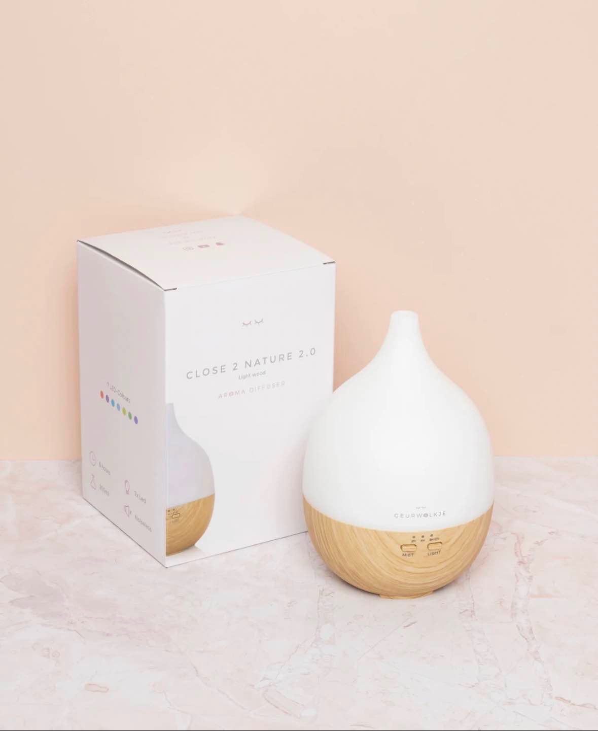 Close 2 Nature 2.0  - Geurwolkje® Diffuser - Licht hout - 200 ml - tevens nachtlampje