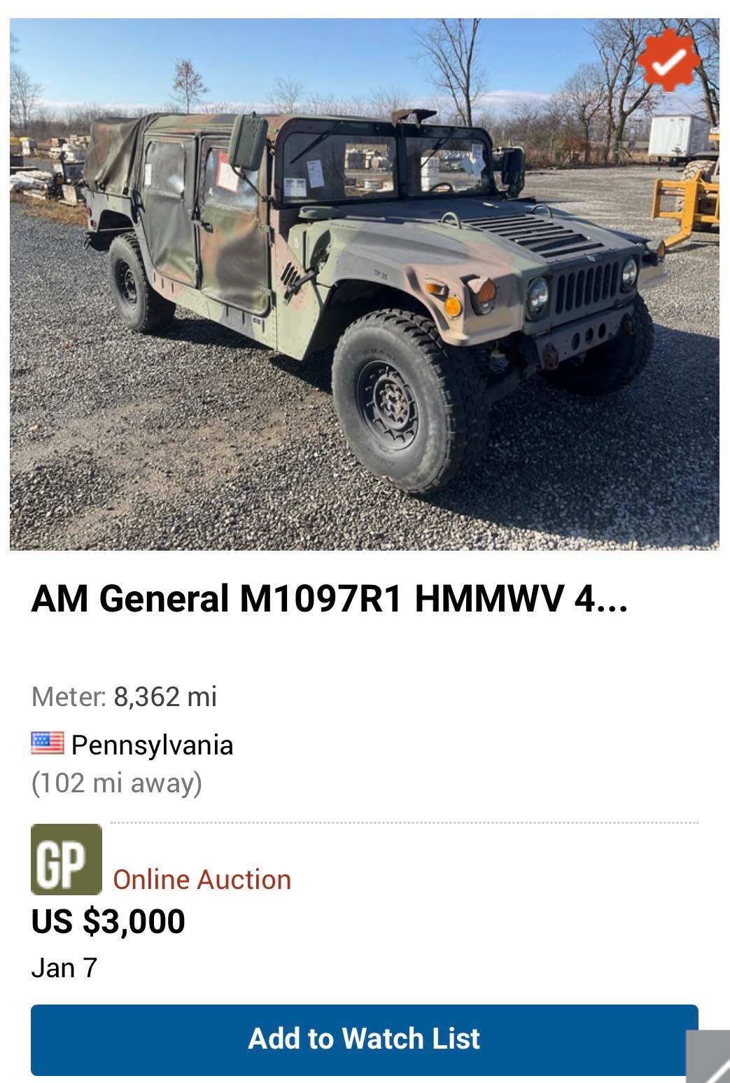 AM General M1097R1 HMMWV 4 Door Soft Top w/Truck Body
